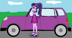 Size: 4146x2174 | Tagged: safe, artist:ilaria122, edit, sci-twi, twilight sparkle, equestria girls, g4, my little pony equestria girls: better together, 1000 hours in ms paint, car, clothes, road, sandals, shoes