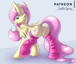 Size: 2550x2150 | Tagged: safe, artist:shad0w-galaxy, fluttershy, pony, blue background, butt, clothes, dock, ear fluff, featureless crotch, female, fluffy, flutterbutt, looking back, mare, open mouth, patreon, patreon logo, pink socks, plot, simple background, socks, solo, thigh highs, wings