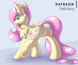 Size: 2550x2150 | Tagged: safe, artist:shad0w-galaxy, fluttershy, pegasus, pony, g4, adorasexy, blue background, butt, cute, dock, ear fluff, featureless crotch, female, fluffy, flutterbutt, high res, mare, open mouth, patreon, patreon logo, plot, sexy, simple background, solo, wings