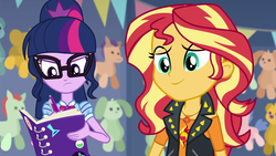Size: 1920x1080 | Tagged: safe, screencap, sci-twi, sunset shimmer, twilight sparkle, equestria girls, equestria girls specials, g4, my little pony equestria girls: better together, my little pony equestria girls: rollercoaster of friendship, animation error, geode of empathy, geode of telekinesis, glasses, magical geodes