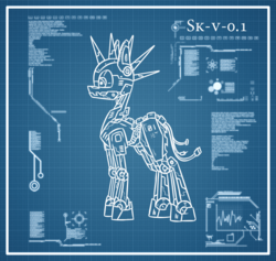 Size: 950x900 | Tagged: safe, artist:change, oc, oc only, oc:rubiont beta, pony, robot, robot pony, blueprint, machine, prototype, technology