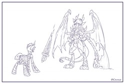 Size: 1280x867 | Tagged: safe, artist:change, dragon, pony, fight, simple background, standing, sword, weapon