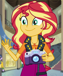 Size: 753x920 | Tagged: safe, screencap, microchips, sunset shimmer, equestria girls, equestria girls series, forgotten friendship, g4, camera, cropped, cute, geode of empathy, magical geodes, shimmerbetes, waving