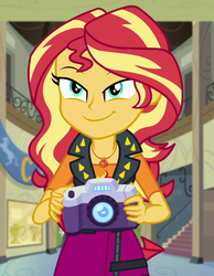 Size: 748x965 | Tagged: safe, screencap, sunset shimmer, equestria girls, equestria girls specials, g4, my little pony equestria girls: better together, my little pony equestria girls: forgotten friendship, camera, cropped, cute, geode of empathy, magical geodes, shimmerbetes, smiling, smirk