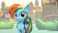 Size: 1920x1080 | Tagged: safe, artist:spinostud, rainbow dash, pegasus, pony, g4, 3d, looking at you, source filmmaker, standing, tree, village