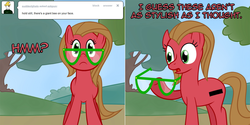 Size: 1602x800 | Tagged: safe, artist:haloprime, oc, oc only, oc:pun, earth pony, pony, ask pun, ask, female, glasses, mare, pun, solo, visual pun