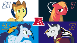 Size: 1920x1080 | Tagged: safe, artist:dashiesparkle, artist:heart-of-stitches, artist:sonofaskywalker, big macintosh, braeburn, chancellor neighsay, soarin', earth pony, pony, g4, afc, afc wildcard round, american football, baltimore ravens, houston texans, indianapolis colts, los angeles chargers, nfl, nfl playoffs, nfl wildcard round, sports, vector