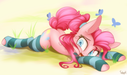 Size: 2200x1300 | Tagged: safe, artist:akylie, pinkie pie, butterfly, earth pony, pony, adorasexy, clothes, cute, diapinkes, ear fluff, female, mare, open mouth, prone, sexy, smiling, socks, solo, stockings, striped socks