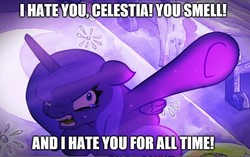 Size: 1219x767 | Tagged: safe, artist:warpout, princess luna, alicorn, pony, lullaby for a princess, g4, angry, avatar the last airbender, caption, crying, emo, female, image macro, meme, pointing, reference, solo, text, the ember island players