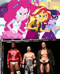 Size: 822x1004 | Tagged: safe, edit, screencap, pinkie pie, sunset shimmer, twilight sparkle, equestria girls, equestria girls specials, g4, my little pony equestria girls: better together, my little pony equestria girls: rollercoaster of friendship, angry, austin aries, impact wrestling, killer kross, magical geodes, moose (impact wrestling)