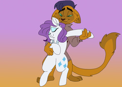 Size: 700x500 | Tagged: safe, artist:zee-stitch, capper dapperpaws, rarity, abyssinian, anthro, g4, capperity, dancing, female, gradient background, jewelry, male, necklace, pearl, pearl earrings, pearl necklace, shipping, story included, straight