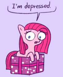 Size: 835x1017 | Tagged: safe, artist:dsp2003, edit, pinkie pie, earth pony, pony, g4, box, cropped, cute, cuteamena, depressed, depression, diapinkes, female, mare, open mouth, pinkamena diane pie, present, sad, simple background, solo, speech bubble, style emulation