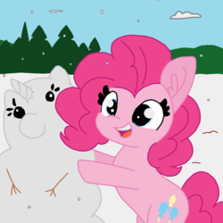 Size: 1650x1650 | Tagged: safe, artist:tjpones edits, color edit, colorist:nightshadowmlp, edit, pinkie pie, earth pony, pony, g4, cloud, colored, cute, diapinkes, female, happy, hill, mare, snow, snowfall, snowman, snowpony, solo, tree, winter