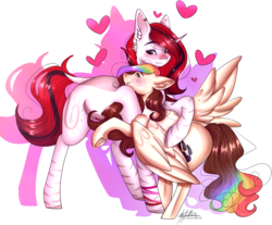 Size: 939x776 | Tagged: safe, artist:ohflaming-rainbow, oc, oc only, oc:acrylic heart, oc:splatter paw, pegasus, pony, unicorn, female, hug, mare, oc x oc, shipping, simple background, transparent background