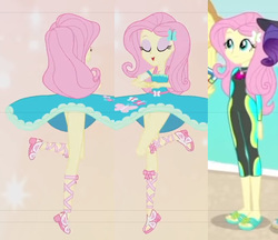 Size: 959x829 | Tagged: safe, edit, screencap, fluttershy, equestria girls, equestria girls specials, g4, my little pony equestria girls: better together, my little pony equestria girls: forgotten friendship, so much more to me, beach, clothes, comparison, cropped, dancing, dress, feet, flip-flops, legs, pirouette, sandals, skirt, skirt lift, swimsuit, wetsuit