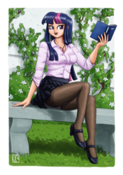 Size: 1280x1817 | Tagged: safe, artist:king-kakapo, twilight sparkle, human, g4, adorasexy, adorkable, book, clothes, cute, dork, female, grass, high heels, humanized, legs, looking at you, mary janes, open mouth, panties, panty shot, pantyhose, pleated skirt, sexy, shoes, sitting, skirt, solo, stockings, thigh highs, underwear, upskirt, white panties, white underwear