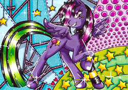 Size: 872x616 | Tagged: safe, artist:imaranx, oc, oc only, oc:sweetypunk, pegasus, pony, colorful, jewelry, marker drawing, old art, shiny, sock, solo, sparkles, stars, traditional art, wings