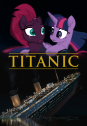 Size: 5450x7840 | Tagged: safe, artist:ejlightning007arts, tempest shadow, twilight sparkle, alicorn, pony, g4, absurd resolution, broken horn, female, horn, lesbian, poster, ship, ship:tempestlight, shipping, sinking, this did not end well, titanic, twilight sparkle (alicorn)