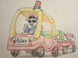 Size: 3984x2988 | Tagged: safe, artist:tracerpainter, oc, pegasus, pony, colored, high res, kid toy, police, police officer, red light, toy, toy car, traditional art, wagon