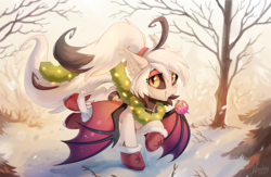 Size: 1280x834 | Tagged: safe, artist:hioshiru, oc, oc only, oc:fever dream, bat pony, monster pony, pony, bat pony oc, bat wings, black sclera, boots, christmas ornament, clothes, colored wings, decoration, ear fluff, female, fluffy, hairband, looking at you, mare, mouth hold, ponytail, running, shoes, signature, slit pupils, smiling, snow, snowfall, solo, spread wings, tree, wings, winter