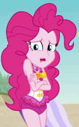 Size: 630x1007 | Tagged: safe, screencap, pinkie pie, equestria girls, equestria girls specials, g4, my little pony equestria girls: better together, my little pony equestria girls: forgotten friendship, clothes, cropped, crossed arms, female, geode of sugar bombs, legs together, magical geodes, pinkie pie swimsuit, sleeveless, solo, swimsuit