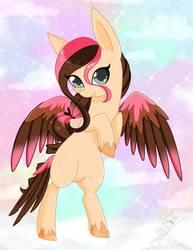 Size: 617x800 | Tagged: artist needed, source needed, safe, oc, oc only, oc:crumble, pegasus, pony, green eyes, hazel mane, hazel tail, hazel wings, peach coat, pink highlights, solo, spread wings