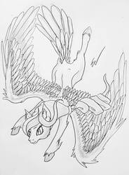 Size: 707x960 | Tagged: safe, oc, oc only, oc:crumble, pegasus, pony, black and white, flying, grayscale, lineart, monochrome, solo