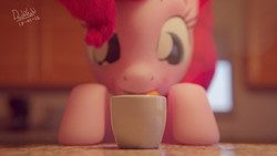 Size: 1920x1080 | Tagged: safe, artist:dashyoshi, pinkie pie, earth pony, pony, g4, 3d, blender, coffee cup, cup, cute, female, mare, signature, solo