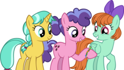 Size: 5609x3185 | Tagged: safe, artist:ironm17, berry blend, berry bliss, citrine spark, fire quacker, peppermint goldylinks, earth pony, pegasus, pony, unicorn, g4, school raze, background pony, blissabetes, bow, bracelet, cute, female, folded wings, friendship bracelet, friendship student, grin, gritted teeth, hair bow, jewelry, mare, peppermint adoralinks, quackerdorable, raised hoof, simple background, smiling, teeth, transparent background, trio, trio female, vector, wings