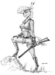 Size: 1000x1356 | Tagged: safe, artist:baron engel, little strongheart, anthro, unguligrade anthro, g4, 1860 henry, breasts, busty little strongheart, clothes, female, grayscale, gun, looking at you, monochrome, pencil drawing, rifle, simple background, sketch, solo, traditional art, weapon, white background
