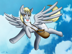 Size: 1980x1500 | Tagged: safe, artist:evil-rick, derpy hooves, pegasus, pony, g4, cloud, day, female, flying, letter, mailbag, mailmare, mare, mouth hold, sky, solo