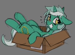 Size: 794x583 | Tagged: safe, artist:mewball, color edit, edit, lyra heartstrings, pony, unicorn, box, colored, embarrassed, female, floppy ears, gray background, mare, pony in a box, simple background, smiling, solo