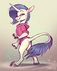 Size: 1433x1799 | Tagged: safe, artist:imalou, oc, oc only, oc:yodi, classical unicorn, unicorn, anthro, semi-anthro, unguligrade anthro, anthro oc, butt, clothes, cloven hooves, finger hooves, glasses, hoodie, hoof hands, horn, leonine tail, looking at you, looking back, looking back at you, male, plot, simple background, smug, stallion, unshorn fetlocks