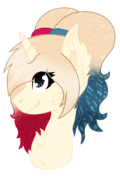 Size: 695x1017 | Tagged: safe, artist:space--paws0w0, oc, oc only, oc:har-harley queen, pony, unicorn, bust, chest fluff, dc comics, ear fluff, female, harley quinn, mare, pig tail, pigtails, simple background, solo, transparent background