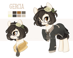 Size: 1093x871 | Tagged: safe, artist:dammmnation, oc, oc only, oc:gercia, earth pony, pony, clothes, female, flower, flower in hair, glasses, mare, reference sheet, solo