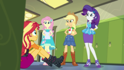 Size: 1280x720 | Tagged: safe, screencap, applejack, fluttershy, rarity, sunset shimmer, driving miss shimmer, equestria girls, equestria girls series, g4, applejack's hat, boots, canterlot high, cowboy hat, door, female, hallway, hat, high heel boots, high heels, legs, lockers, shoes, sitting on floor