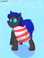 Size: 524x702 | Tagged: safe, artist:flavorful_sweets, oc, oc only, oc:swift dawn, changeling, pony, blue changeling, blue eyes, candy diaper, changeling oc, christmas, commission, diaper, flavorful sweet's candy, holiday, non-baby in diaper, peppermint, peppermint paddy, simple background, solo