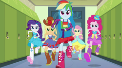 Size: 1920x1080 | Tagged: safe, screencap, applejack, fluttershy, pinkie pie, rainbow dash, rarity, equestria girls, g4, my little pony equestria girls, animation error, applejack's hat, bare shoulders, clothes, cowboy hat, determined, door, dress, fall formal outfits, female, hallway, hat, lockers, running, sleeveless, stetson, strapless