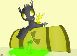 Size: 1024x748 | Tagged: safe, artist:atomfliege, oc, oc only, oc:warplix, changeling, barrel, changeling oc, lying down, male, radiation, radiation sign, radioactive, radioactive waste, simple background, solo, yellow changeling