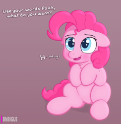 Size: 941x965 | Tagged: safe, artist:bnbigus, pinkie pie, earth pony, pony, g4, chest fluff, cute, dialogue, diapinkes, female, floppy ears, happy, hug, hug request, mare, offscreen character, open mouth, ponk, question, sitting, smiling