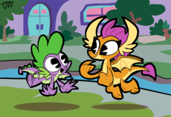 Size: 2090x1434 | Tagged: safe, artist:joeywaggoner, smolder, spike, dragon, g4, cute, dragon wings, dragoness, duo, female, looking at each other, male, pac-man eyes, smiling, smolderbetes, spikabetes, stylized, winged spike, wings