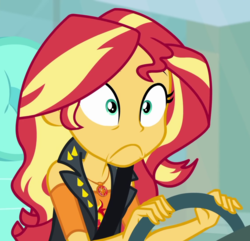 Size: 1118x1078 | Tagged: safe, screencap, sunset shimmer, driving miss shimmer, driving miss shimmer: fluttershy, equestria girls, g4, my little pony equestria girls: better together, car, cropped, faic, female, geode of empathy, magical geodes, seatbelt, solo, steering wheel