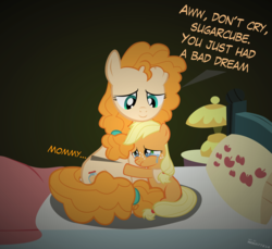 Size: 4200x3850 | Tagged: safe, artist:ace play, applejack, pear butter, earth pony, pony, g4, comforting, crying, cute, daaaaaaaaaaaw, dialogue, duo, female, filly, filly applejack, hug, jackabetes, mare, mother and daughter, pearabetes, teary eyes, younger