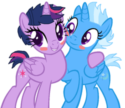 Size: 726x626 | Tagged: safe, artist:bluerosearrow, artist:themexicanpunisher, trixie, twilight sparkle, alicorn, pony, g4, alicornified, alternate hairstyle, base used, female, lesbian, race swap, ship:twixie, shipping, short hair, short hair trixie, short hair twilight sparkle, short mane, trixiecorn, twilight sparkle (alicorn), wrong eye shape