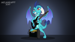 Size: 7000x3938 | Tagged: safe, artist:metalhead97, princess ember, dragon, anthro, g4, amplifier, dragoness, female, guitar, ibanez, show accurate, smiling, smiling at you, solo, that dragon sure does love guitars