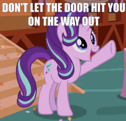 Size: 534x513 | Tagged: safe, edit, edited screencap, screencap, starlight glimmer, pony, unicorn, g4, animated, caption, cute, female, gif, gif with captions, glimmerbetes, image macro, impact font, mare, open mouth, smiling, text, waving