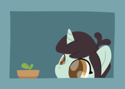 Size: 2436x1744 | Tagged: safe, artist:phat_guy, derpibooru exclusive, sprout greenhoof, pony, unicorn, g4, female, flower pot, frame, horn, las pegasus resident, lineless, mare, potted plant, simple background, solo, sprout