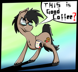 Size: 3500x3253 | Tagged: safe, artist:bumskuchen, oc, oc only, oc:fruitsallad, earth pony, pony, coffee, grumpy, high res, simple background, solo