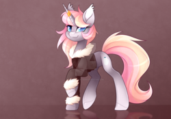 Size: 1280x891 | Tagged: safe, artist:scarlet-spectrum, oc, oc only, pony, unicorn, clothes, coat, female, looking at you, mare, obtrusive watermark, raised hoof, solo, watermark
