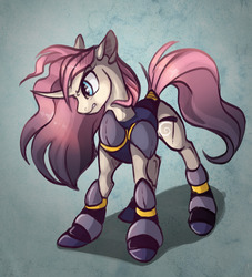 Size: 1280x1408 | Tagged: safe, artist:casynuf, oc, oc only, pony, unicorn, angry, armor, curved horn, female, horn, scythe, simple background, solo, standing